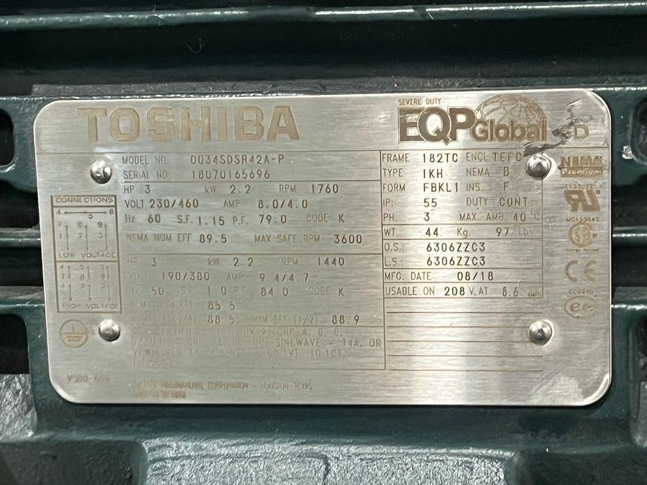 Toshiba 0034SDSR42A-P AC Motor | 3 HP | 1800 RPM | 3-Phase 460V | C-Face 182TC