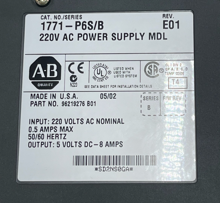 Allen-Bradley 1771-P6S/B Rev E01 Power Supply Module 220VAC PLC-5 96219276 B01