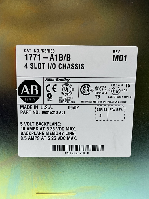 Allen-Bradley 1771-A1B/B Rev M01 4-Slot PLC-5 I/O Chassis Assembly 96815210 A01