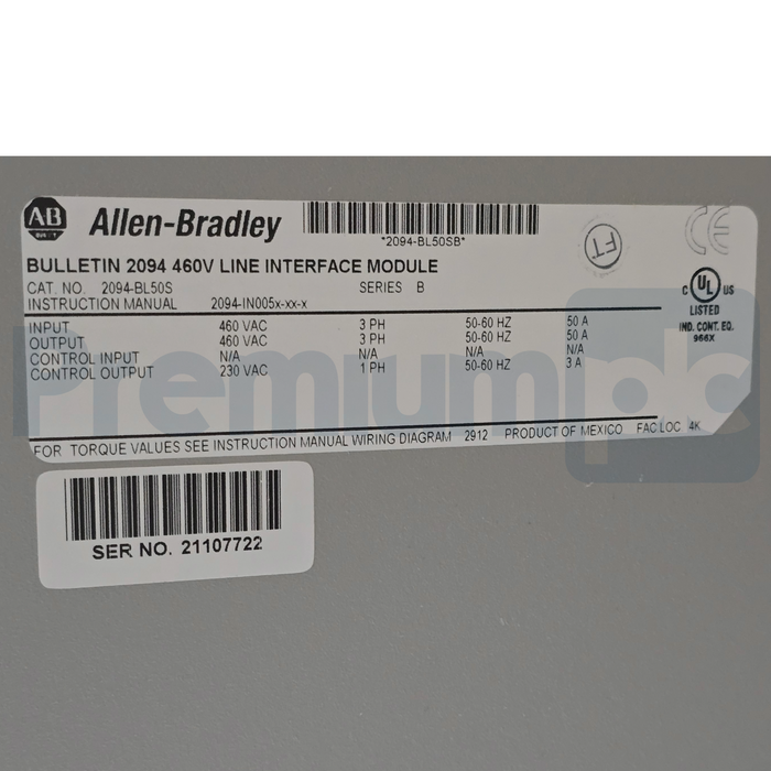 Allen-Bradley 2094-BL50S /B Kinetix 6000 Line Interface Module 50A 460V 3PH NSMP