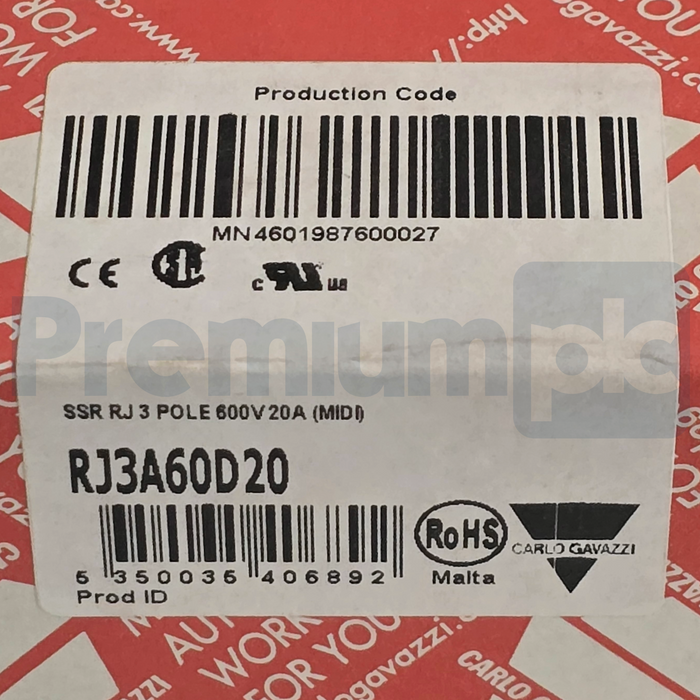 Carlo Gavazzi RJ3A60D20 | RJ3A Solid State Relay 3-Phase 20A 600VAC 5-32VDC NSMP
