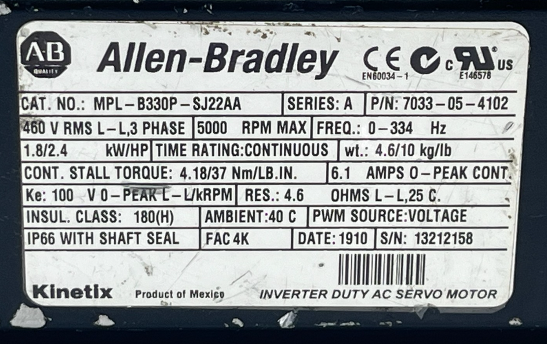 Allen-Bradley MPL-B330P-SJ22AA Servo Motor | MP-Series Low Inertia | 460V 5000RP