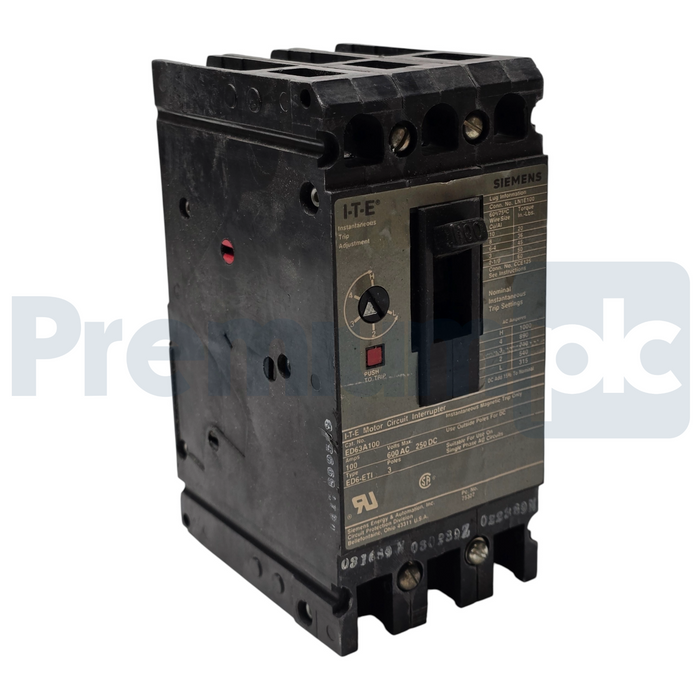 Siemens I-T-E ED63A100 Sentron Circuit Breaker | 100A 600V 3P | ED6-ETI w/Trip