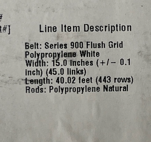 Intralox Ser. 900 Flush Grid Belt 5" W x 40.02' L White Polypropylene 8315061
