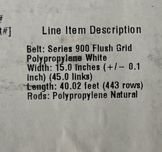 Intralox Ser. 900 Flush Grid Belt 5" W x 40.02' L White Polypropylene 8315061