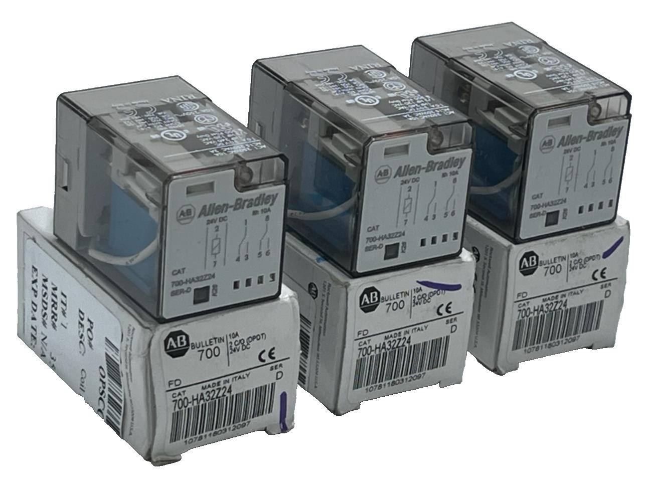 Lot of 3 Allen Bradley 700-HA32Z24 Ser. D Relays 24VDC 10A DPDT 8-Pin Octal Base