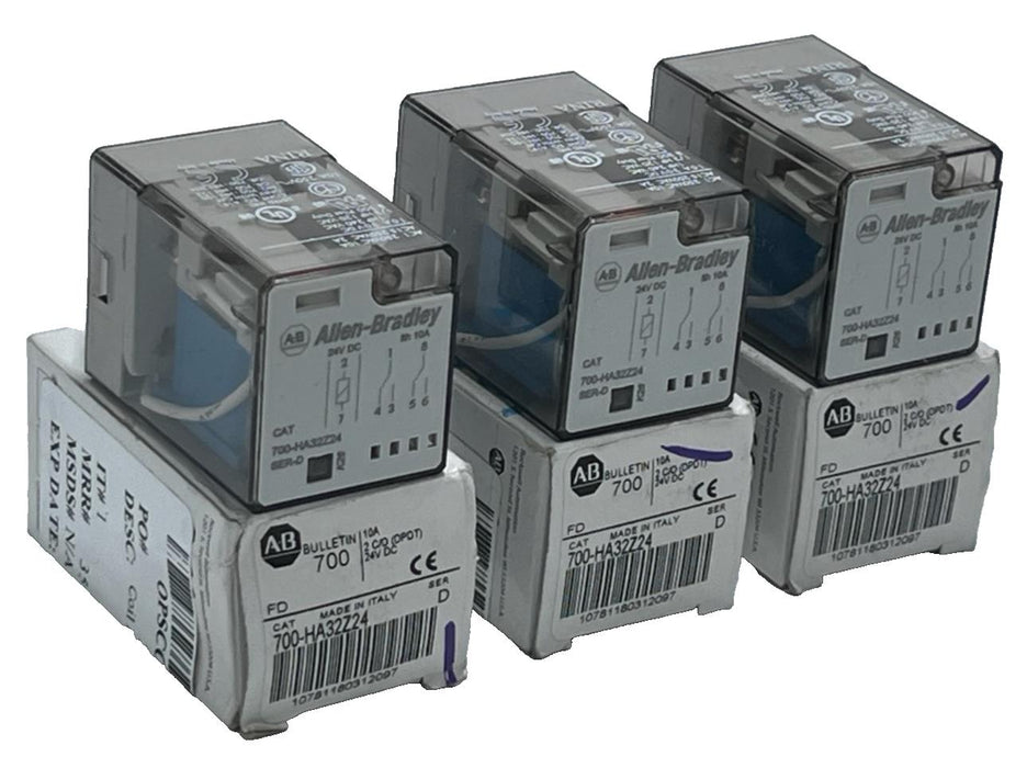 Lot of 3 Allen Bradley 700-HA32Z24 Ser. D Relays 24VDC 10A DPDT 8-Pin Octal Base