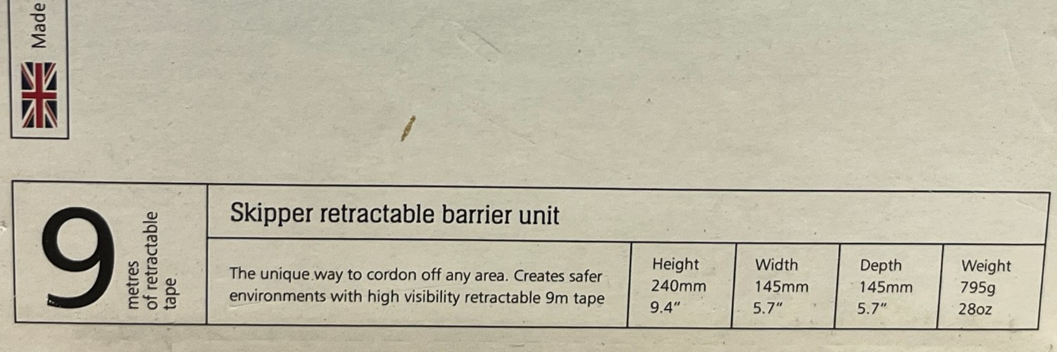 Skipper 01-OBY Retractable Safety Barrier 9m (30ft) Black/Yellow Tape NSMP