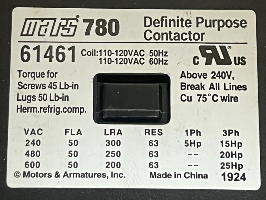 Mars 780 Contactor 61461 3-Pole 50 Amp 120V Coil - Replaces Furnas 42DF35AF