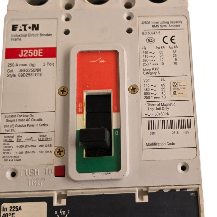 Eaton JGE3250NN | J250E Circuit Breaker 250A 3P 600V 69D2551G10 w/225A Trip NSNP