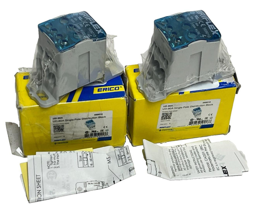 Lot of 2 nVent ERIFLEX 569010 UD-80A Distribution Block 80A 1-Pole 690V NSMP