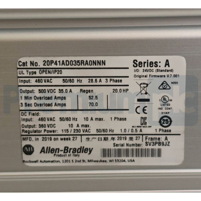 Allen-Bradley 20P41AD035RA0NNN /A PowerFlex DC Drive 20HP 460VAC w/HMI USPI