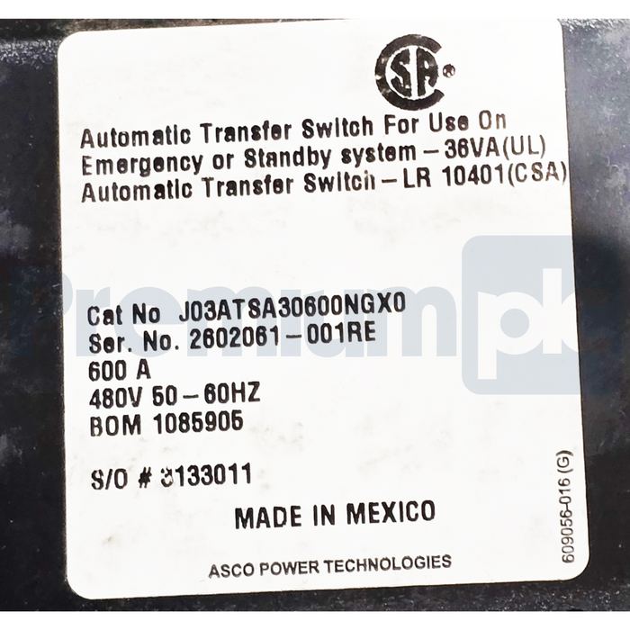 ASCO J03ATSA30600NGX0 Series 300 Automatic Transfer Switch 600A 480V 3-Pole NSNP