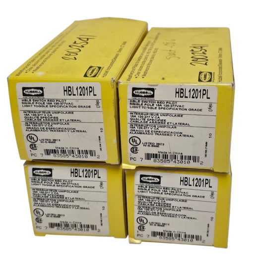 LOT OF 4 NIB HUBBELL HBL1201PL SWITCHES RED PILOT SINGLE POLE 15A 120V