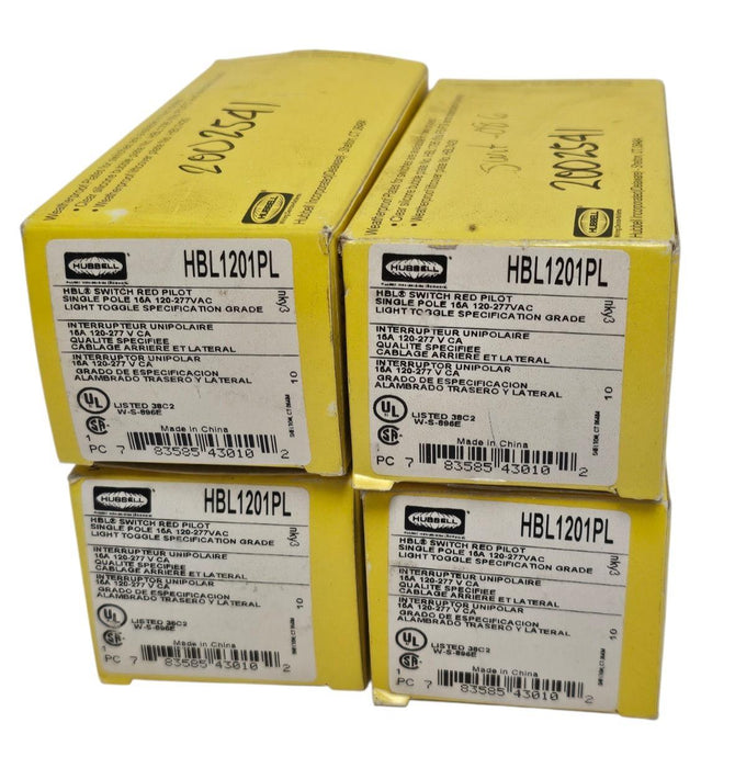 LOT OF 4 NIB HUBBELL HBL1201PL SWITCHES RED PILOT SINGLE POLE 15A 120V