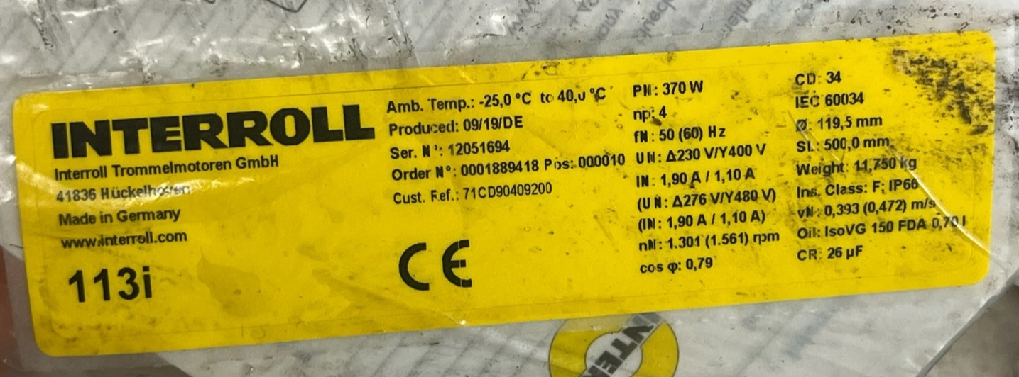 Interroll 113i Drum Motor 370W 460V 3PH IP66 | PU Lagged Shell | 300mm FW