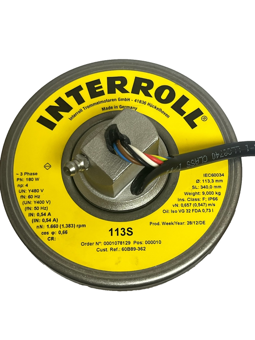Interroll 113S Drum Motor | New Surplus | 180W 480V 3PH | Ø 113.3mm SL: 340mm