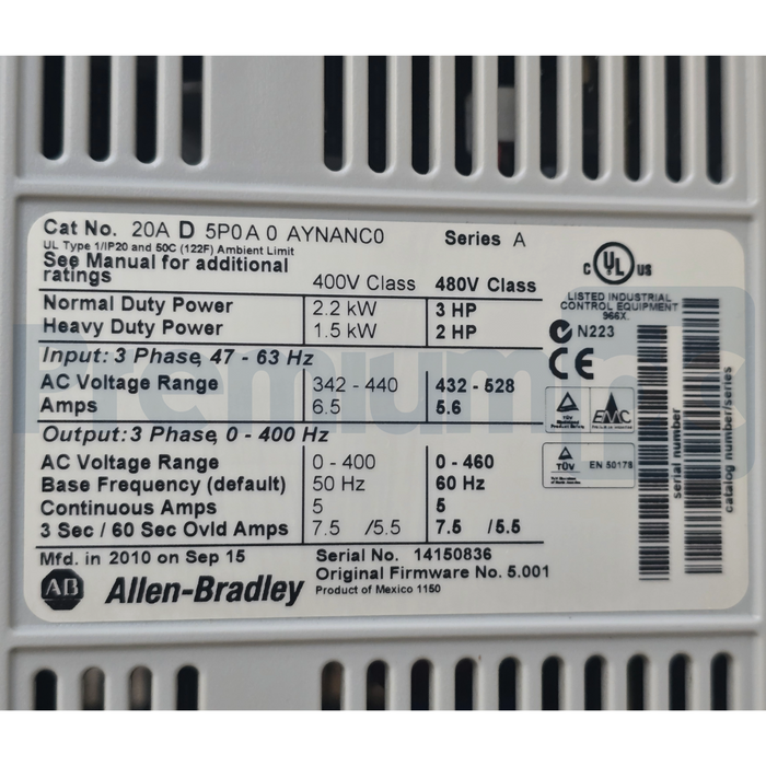 Allen-Bradley 20AD5P0A0AYNANC0 /A PowerFlex 70 VFD 3HP 5A 480V 3PH AC Drive USPI