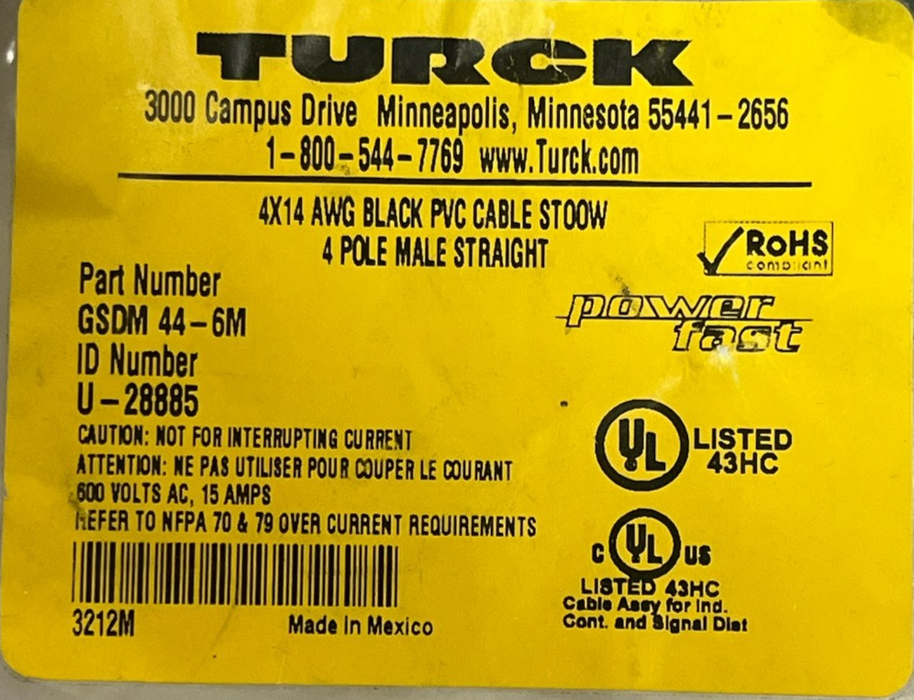 Turck GSDM 44-6M Powerfast Power Cordset 4-Pin 6m U-28885 NEW