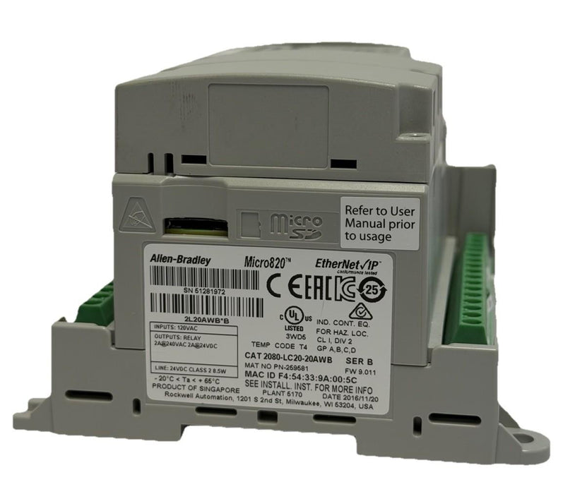 USED ALLEN BRADLEY 2080-LC20-20AWB Micro820 CONTROLLER FW: 9.011 SER. B