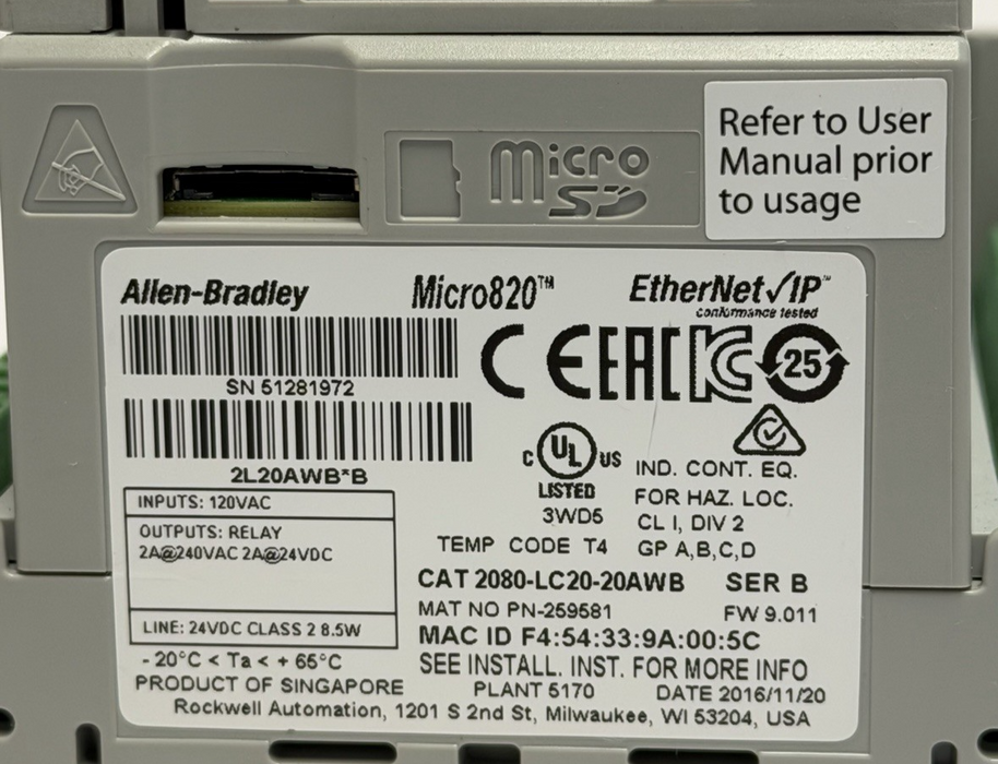 USED ALLEN BRADLEY 2080-LC20-20AWB Micro820 CONTROLLER FW: 9.011 SER. B
