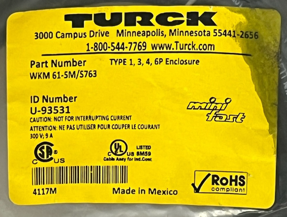 Turck WKM 61-5M/S763 Minifast 6-Pin Right-Angle Female Cordset 5m ,  NSFS