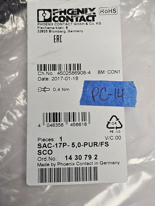 NEW PHOENIX CONTACT SAC-17P- 5,0-PUR/FS SCO (1430792) SENSOR/ACTUATOR CABLE