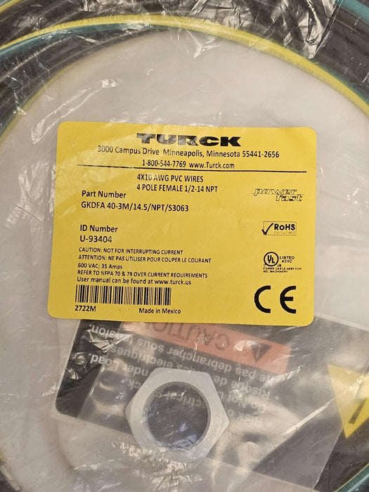 NEW TURCK GKDFA 40-3M/14.5/NPT/S3063 RECEPTACLE ID NUMBER: U-93404