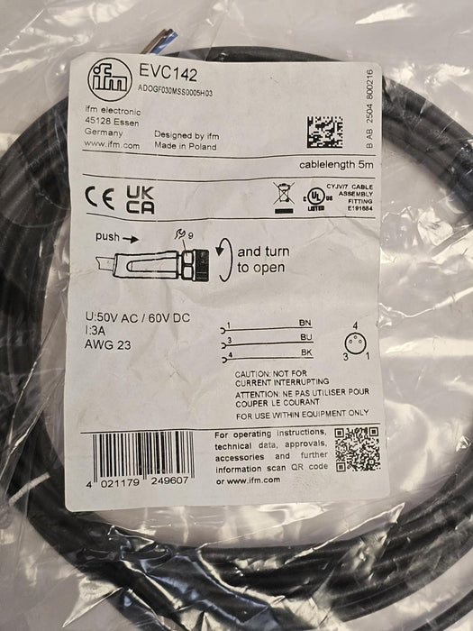 LOT OF 3 NEW IFM ADOGF030MSS0005H CONNECTION CABLES EVC142 LENGTH 5M