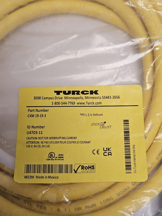 NEW TURCK CKM 19-19-3 CORDSET SINGLE ENDED ID NUMBER U4703-11 LENGTH 3M