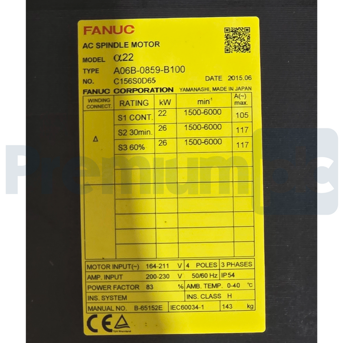 FANUC A06B-0859-B100 Alpha α22 AC Spindle Motor 6000RPM 22kW 3PH NSMP (read)