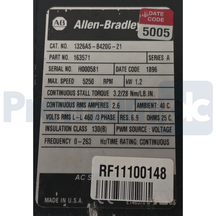 Allen-Bradley 1326AS-B420G-21 /A Servo Motor 460V 5250RPM 1.2kW 163571 Reman.
