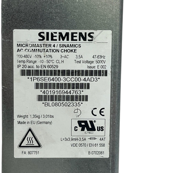 Siemens 6SE6400-3CC00-4AD3 AC Commutation Choke Line Reactor - Tested Spare