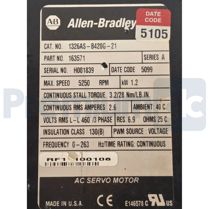 Allen-Bradley 1326AS-B420G-21 /A Servo Motor 460V 5250RPM 1.2kW 163571 Repaired