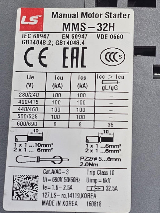NEW LS ELECTRIC MMS-32H MANUAL MOTOR STARTER MMS32H (1.6-2.5A)