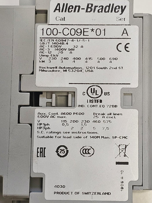 NEW ALLEN BRADLEY 100-C09E*01 CONTACTOR 24V DC SER. A