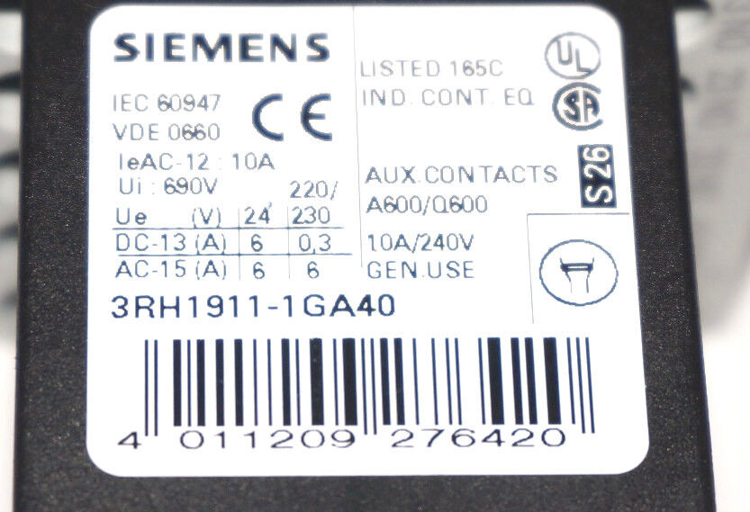 SIEMENS 3RH1140-1BB40 CONTACTOR W/3RH1911-1GA40 AND W/ 3RT1916-1BB00