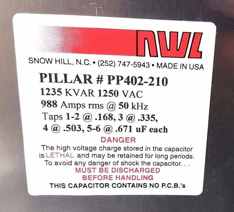 NEW PILLAR PP402-210 CAPACITOR 1235 KVAR 1250 VAC 988 AMPS RMS @ 50KHZ, PP402210