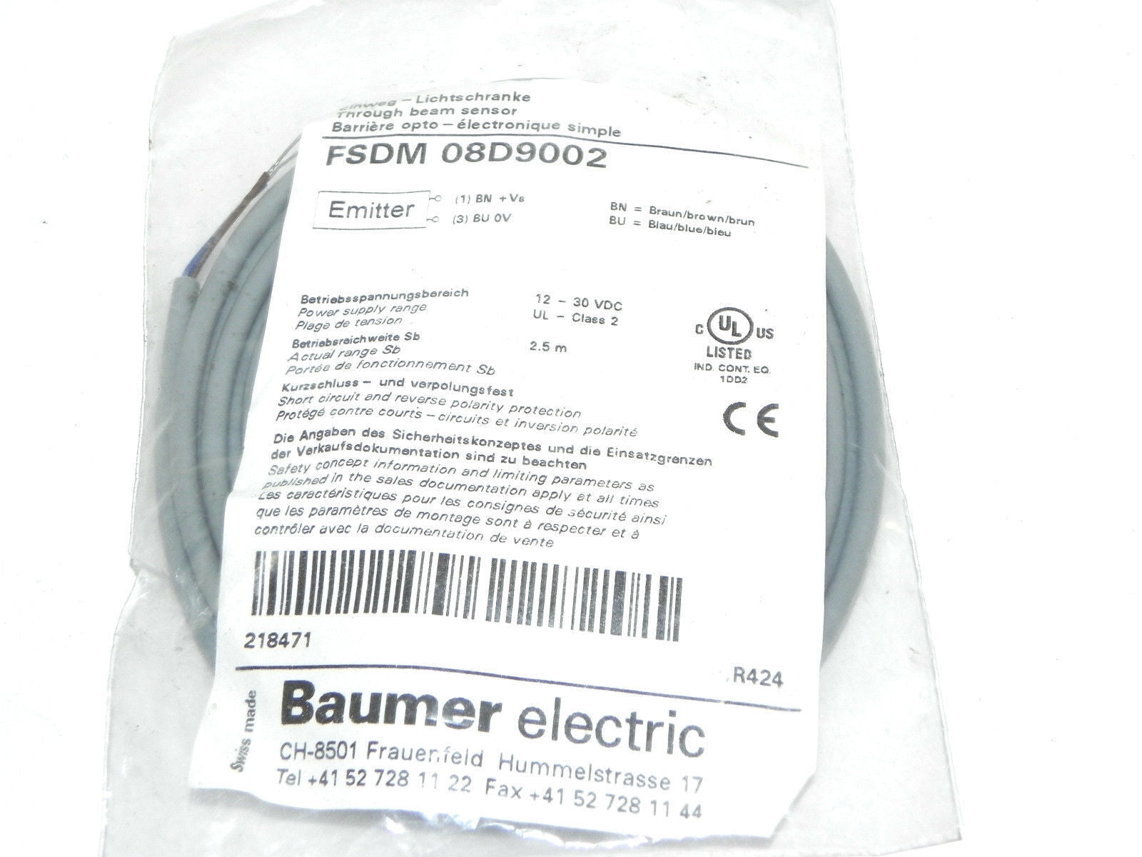 NEW BAUMER FSDM 08D9002 THROUGH BEAM EMITTER FSDM08D9002, 12-30 VDC