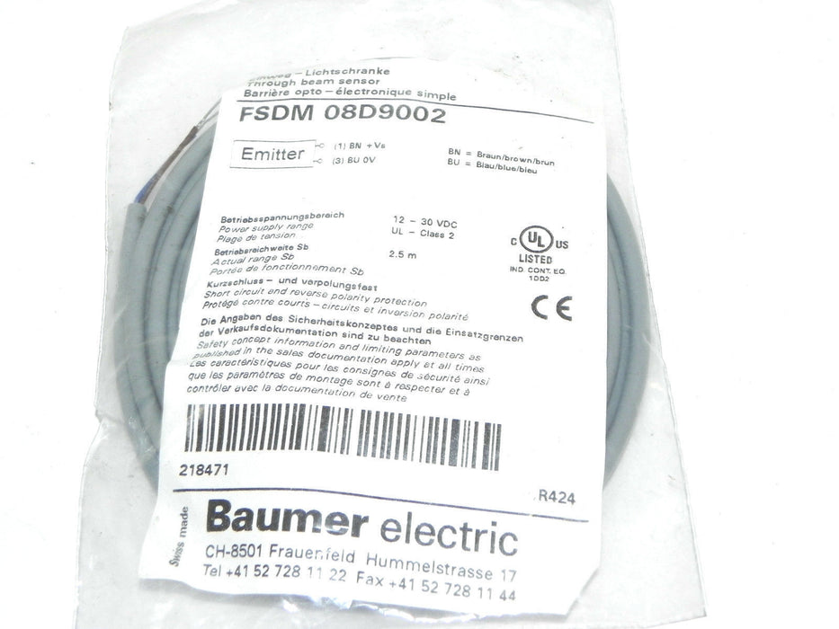 NEW BAUMER FSDM 08D9002 THROUGH BEAM EMITTER FSDM08D9002, 12-30 VDC