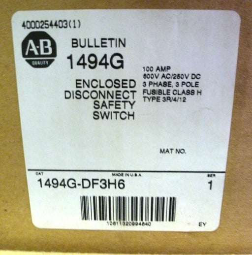 ALLEN BRADLEY 1494G-DF3H6 100AMP ENCLOSED DISCONNECT SWITCH 1494GDF3H6 NIB