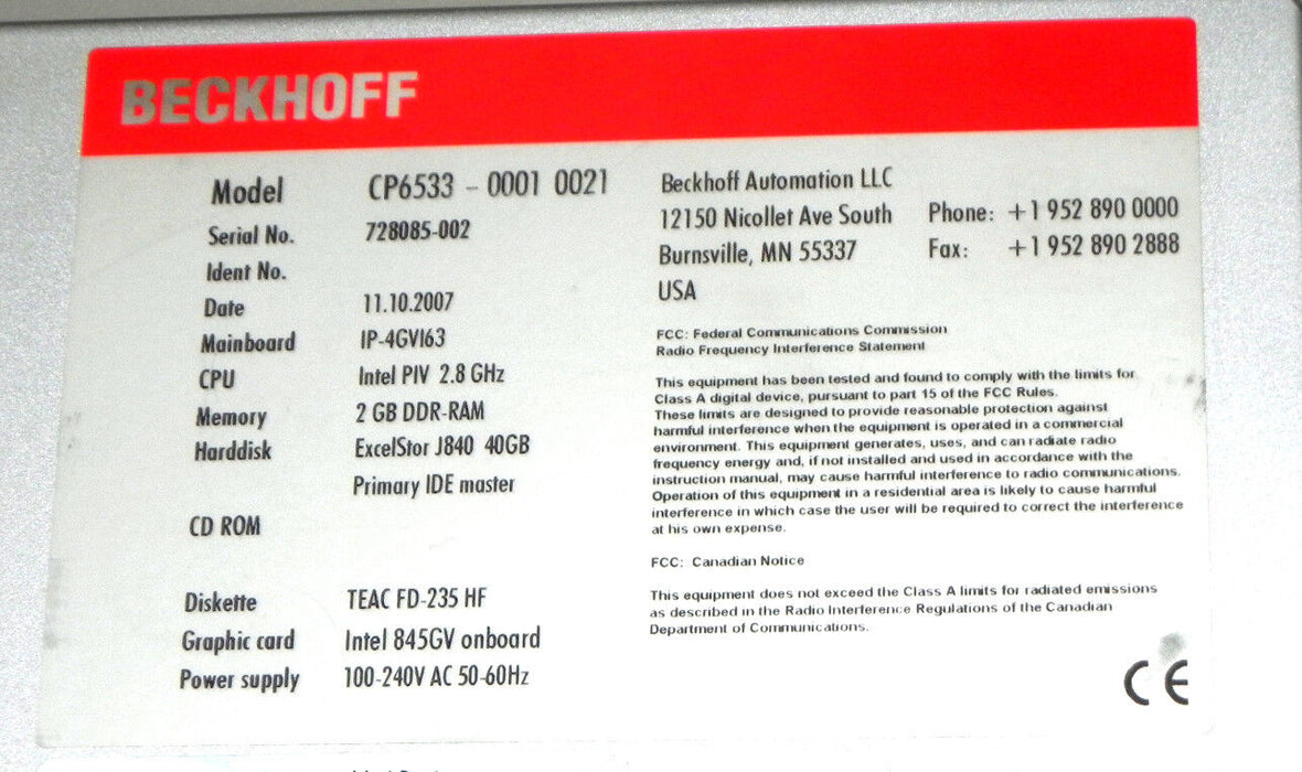 BECKHOFF CP6533 19-INCH DISPLAY 1280 X 1024, CP6533-00010021 TOUCH SCREEN