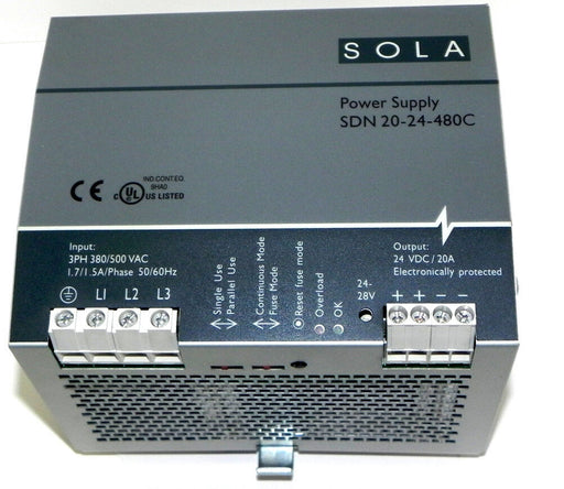 EMERSON SOLA SDN20-24-480C DIN RAIL POWER SUPPLY, AC-DC, 3PH 24VDC/20A 480W NUPI