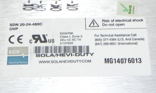 EMERSON SOLA SDN20-24-480C DIN RAIL POWER SUPPLY, AC-DC, 3PH 24VDC/20A 480W NUPI