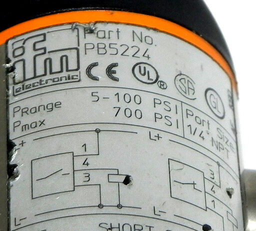 IFM EFECTOR PB5224 PRESSURE SWITCH LIQ/GAS 0-100PSI 1/4" NPT