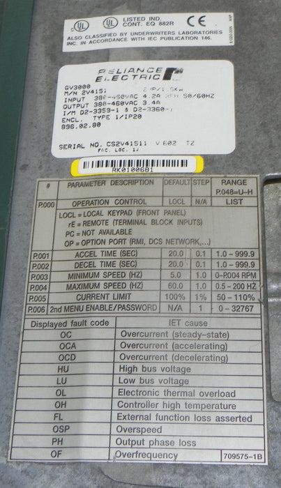 RELIANCE ELECTRIC GV3000 AC DRIVE M/N: 2V4151