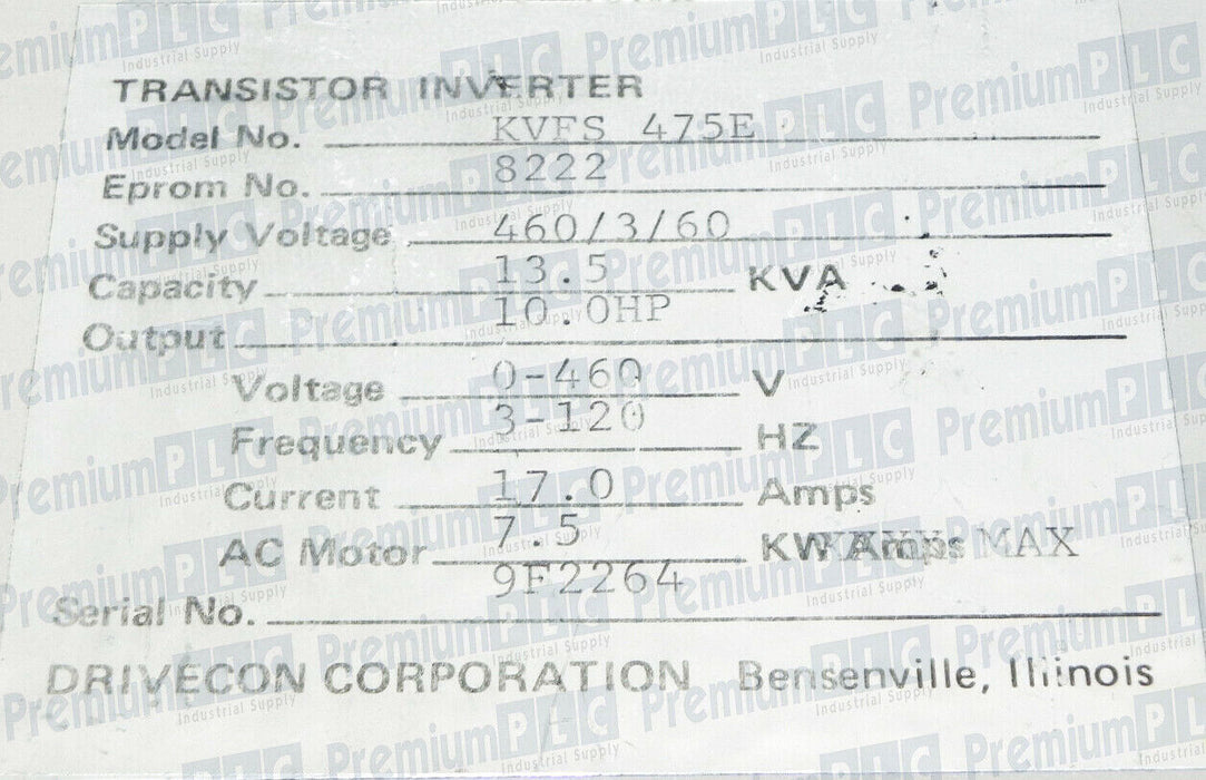 DRIVECON CORPORATION KVFS 475E 10.0HP 13.5 KVA TRANSISTOR INVERTER KVFS-475E