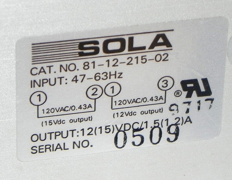 SOLA 81-12-215-02 POWER SUPPLY 811221502 INPUT: 47-63HZ W/ F6-11201-O/A PC BOARD