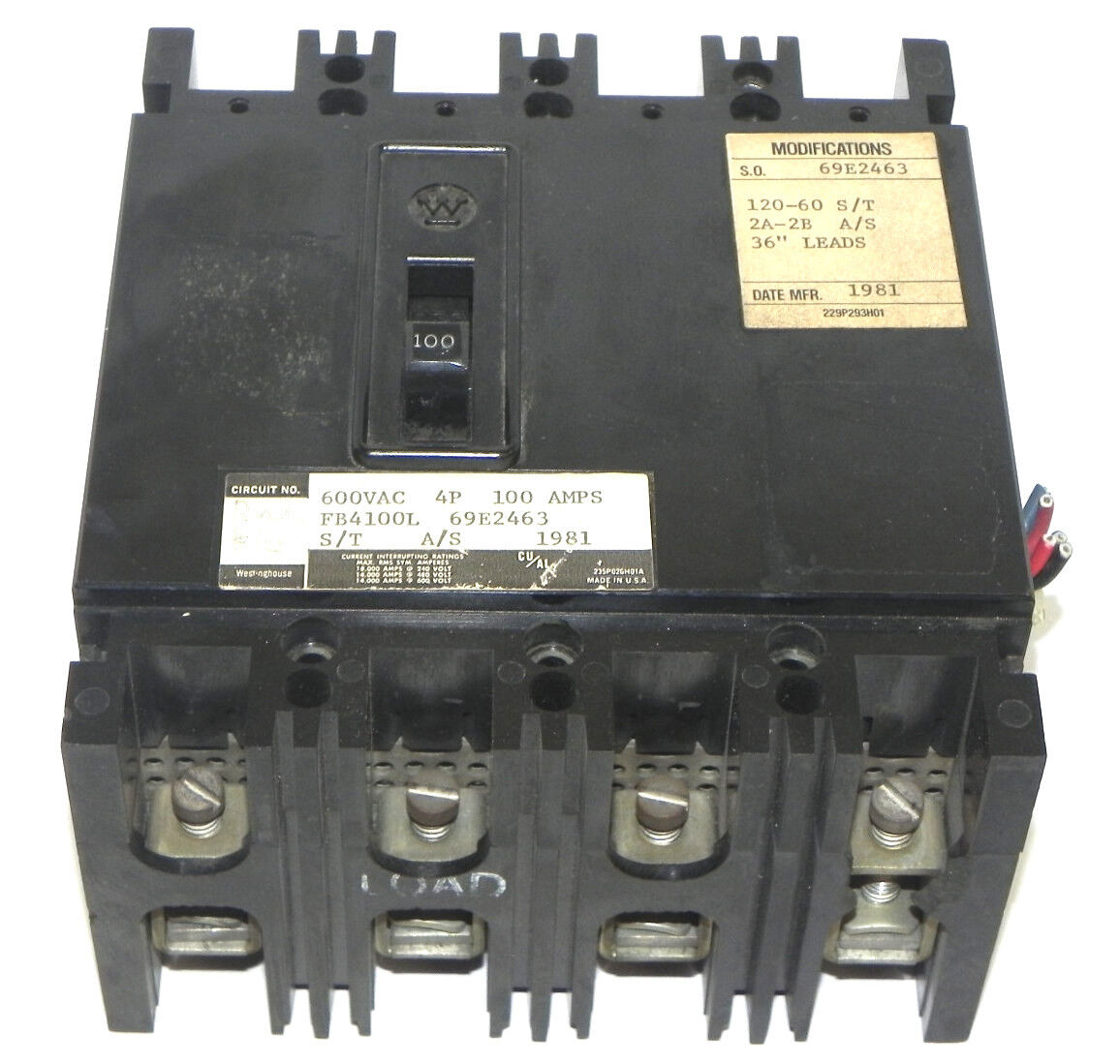 WESTINGHOUSE FB4100L CIRCUIT BREAKER 4 POLE 100 AMP, 69E2463