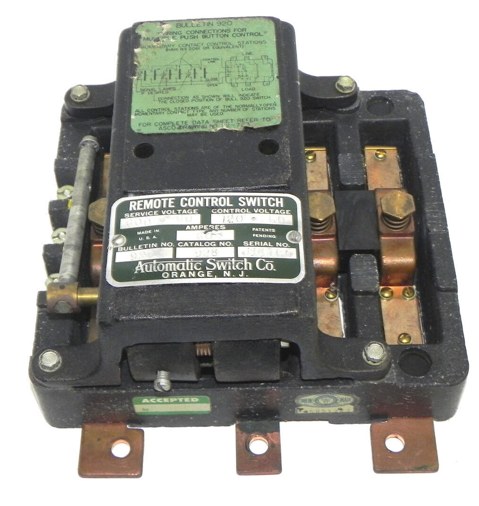 AUTOMATIC SWITCH CO. 920-926 REMOTE CONTROL SWITCH 60AMPS. CATALOG NO. 926